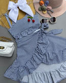 Conjunto Infantil Feminino Verão Cropped Alça + Saia Babado Xadrez Moda Menina