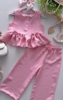 Conjunto Infantil Feminina Blusa Babado com Botões + Calça Pantalona Elegante