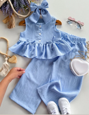 Conjunto Infantil Feminina Blusa Babado com Botões + Calça Pantalona Elegante