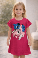 Vestido Infantil Angel e Stitch Rosa Manga Curta Moda Menina Personagem