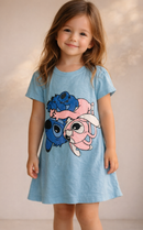 Vestido Infantil Angel e Stitch Rosa Manga Curta Moda Menina Personagem