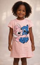 Vestido Infantil Angel e Stitch Rosa Manga Curta Moda Menina Personagem